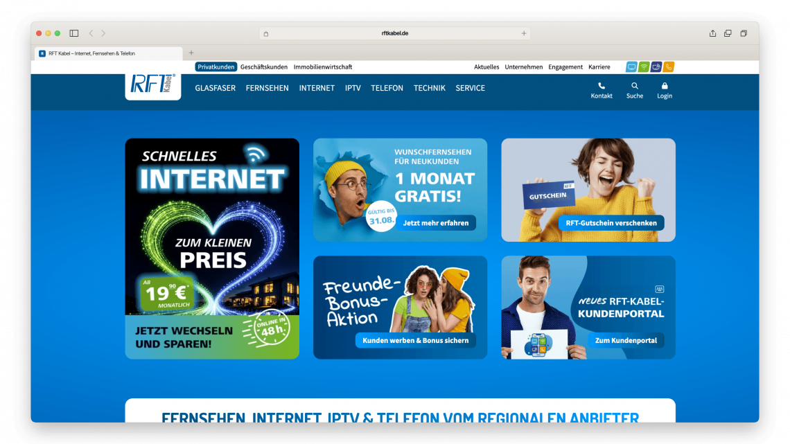 Screenshot der rftkabel.de Website - Contao Webprojekt von Plenta